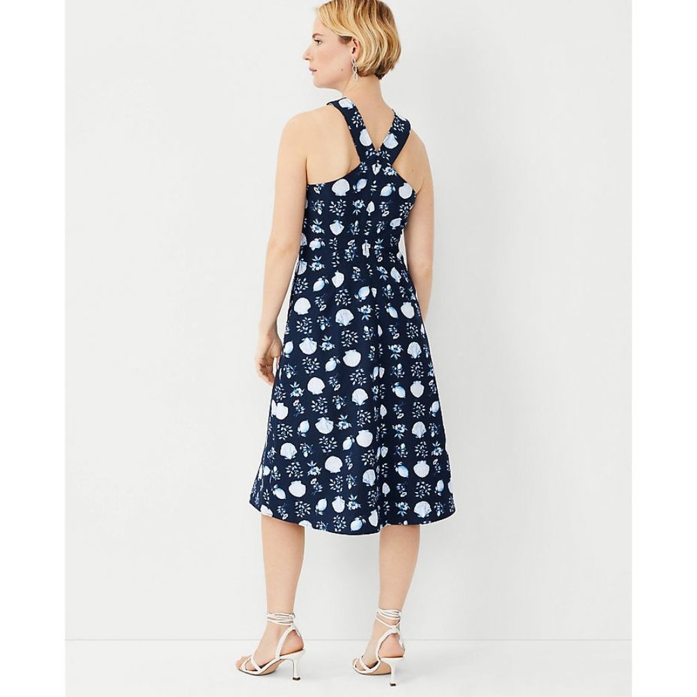 NEW Ann Taylor Shell Tile Halter Flare Dress Cotton Linen Blend Navy Women's 4 - Picture 2 of 3